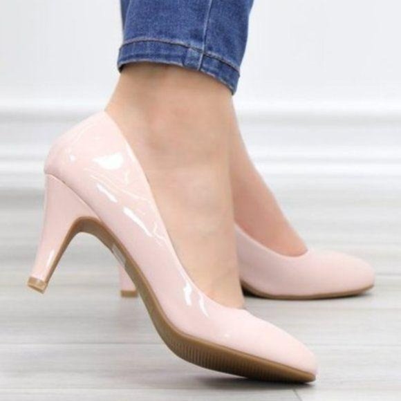 Shoes - Dusty Rose Paten Slip On Kitten Low Heel Pumps